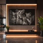 Quadro Decorativo Família Leões com 2 Filhos em Preto e Branco
