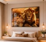 Quadro Decorativo Casal de Leões ao Pôr do Sol