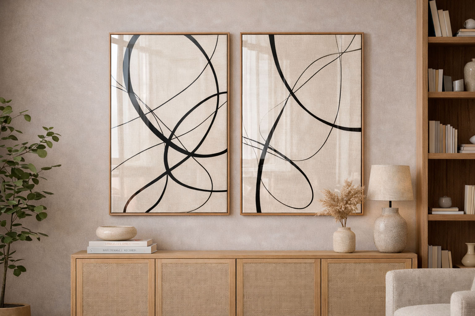 Quadro Decorativo Dupla de Abstratos Minimalistas Linhas Pretas