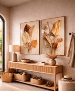 Quadro Decorativo Dupla Folhas Secas em Tons Dourados e Bege